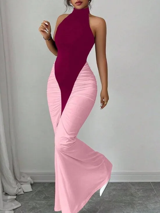 Elegant Multicolor Women's Color Block Fishtail Hem Dress - Picture 3 of 6